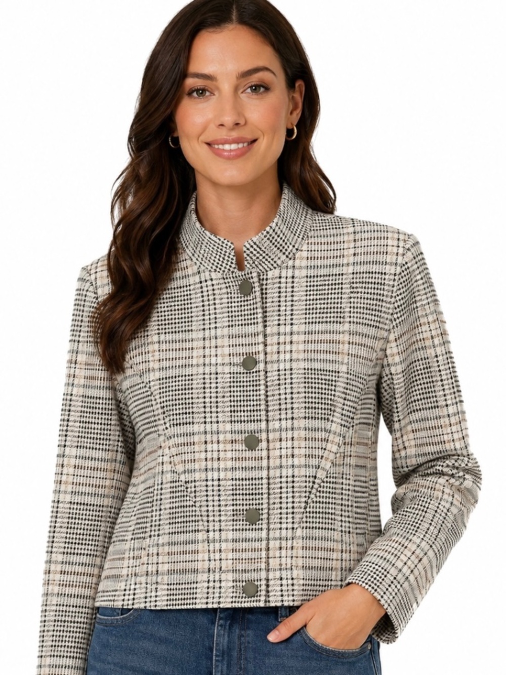 CAbi plaid, travel jacket with snap closure.